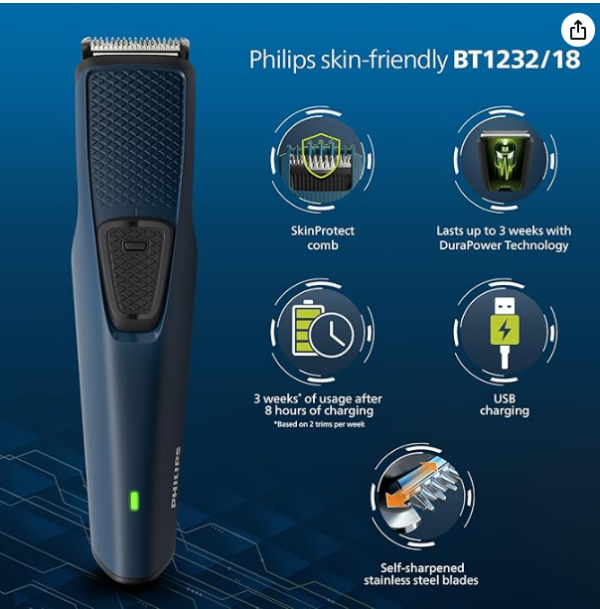 Philips Battery Powered SkinProtect Beard Trimmer for Men - Lasts 4x Longer, DuraPower Technology, Cordless Rechargeable with USB Charging, Charging Indicator, Travel Lock, No Oil Needed BT1232/18Get a skin friendly trim with the help of SkinProtect Comb. It gives you a comfortable clean look while providing extra skin protection. The comb guides the skin away from the blades for a close, smooth trim Get a perfect but protective trim with self-sharpening steel blades. Stainless Steel Blades for long-lasting sharpness as you get on day 1 of purchase Skin friendly rounded tips for smooth skin contact to prevent scratches and irritation, the blades have rounded tips for smoother skin contact to protect against nicks and cuts. Up to 30 minutes of cordless ensures 3 weeks of usage* in a single charge of 8 hours. Comes with a USB charging cable for flexible charge. (*Basis 5mins of usage for 1 trim and 2 trims per week). Build to last with 2-year product warranty, Maintenance-free and No oil required DuraPower technology to reduce friction on the blades, preserve the motor and keep a longer-lasting battery life going 4 times longer. Comes with a Charging Indicator. - Image 4