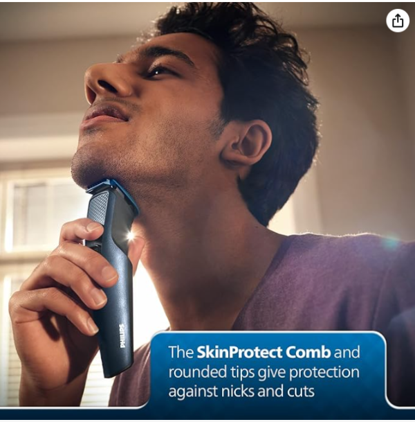 Philips Battery Powered SkinProtect Beard Trimmer for Men - Lasts 4x Longer, DuraPower Technology, Cordless Rechargeable with USB Charging, Charging Indicator, Travel Lock, No Oil Needed BT1232/18Get a skin friendly trim with the help of SkinProtect Comb. It gives you a comfortable clean look while providing extra skin protection. The comb guides the skin away from the blades for a close, smooth trim Get a perfect but protective trim with self-sharpening steel blades. Stainless Steel Blades for long-lasting sharpness as you get on day 1 of purchase Skin friendly rounded tips for smooth skin contact to prevent scratches and irritation, the blades have rounded tips for smoother skin contact to protect against nicks and cuts. Up to 30 minutes of cordless ensures 3 weeks of usage* in a single charge of 8 hours. Comes with a USB charging cable for flexible charge. (*Basis 5mins of usage for 1 trim and 2 trims per week). Build to last with 2-year product warranty, Maintenance-free and No oil required DuraPower technology to reduce friction on the blades, preserve the motor and keep a longer-lasting battery life going 4 times longer. Comes with a Charging Indicator.