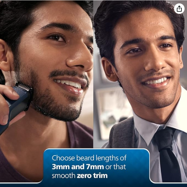 Philips Battery Powered SkinProtect Beard Trimmer for Men - Lasts 4x Longer, DuraPower Technology, Cordless Rechargeable with USB Charging, Charging Indicator, Travel Lock, No Oil Needed BT1232/18Get a skin friendly trim with the help of SkinProtect Comb. It gives you a comfortable clean look while providing extra skin protection. The comb guides the skin away from the blades for a close, smooth trim Get a perfect but protective trim with self-sharpening steel blades. Stainless Steel Blades for long-lasting sharpness as you get on day 1 of purchase Skin friendly rounded tips for smooth skin contact to prevent scratches and irritation, the blades have rounded tips for smoother skin contact to protect against nicks and cuts. Up to 30 minutes of cordless ensures 3 weeks of usage* in a single charge of 8 hours. Comes with a USB charging cable for flexible charge. (*Basis 5mins of usage for 1 trim and 2 trims per week). Build to last with 2-year product warranty, Maintenance-free and No oil required DuraPower technology to reduce friction on the blades, preserve the motor and keep a longer-lasting battery life going 4 times longer. Comes with a Charging Indicator. - Image 2
